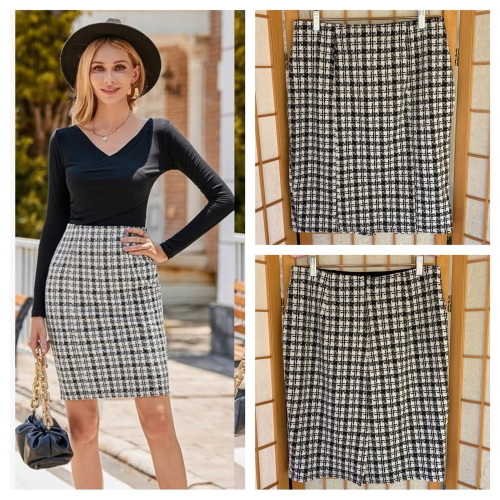 Kate Kasin Black & White Tweed Plaid Stretchy Bodycon Business Pencil Skirt XL